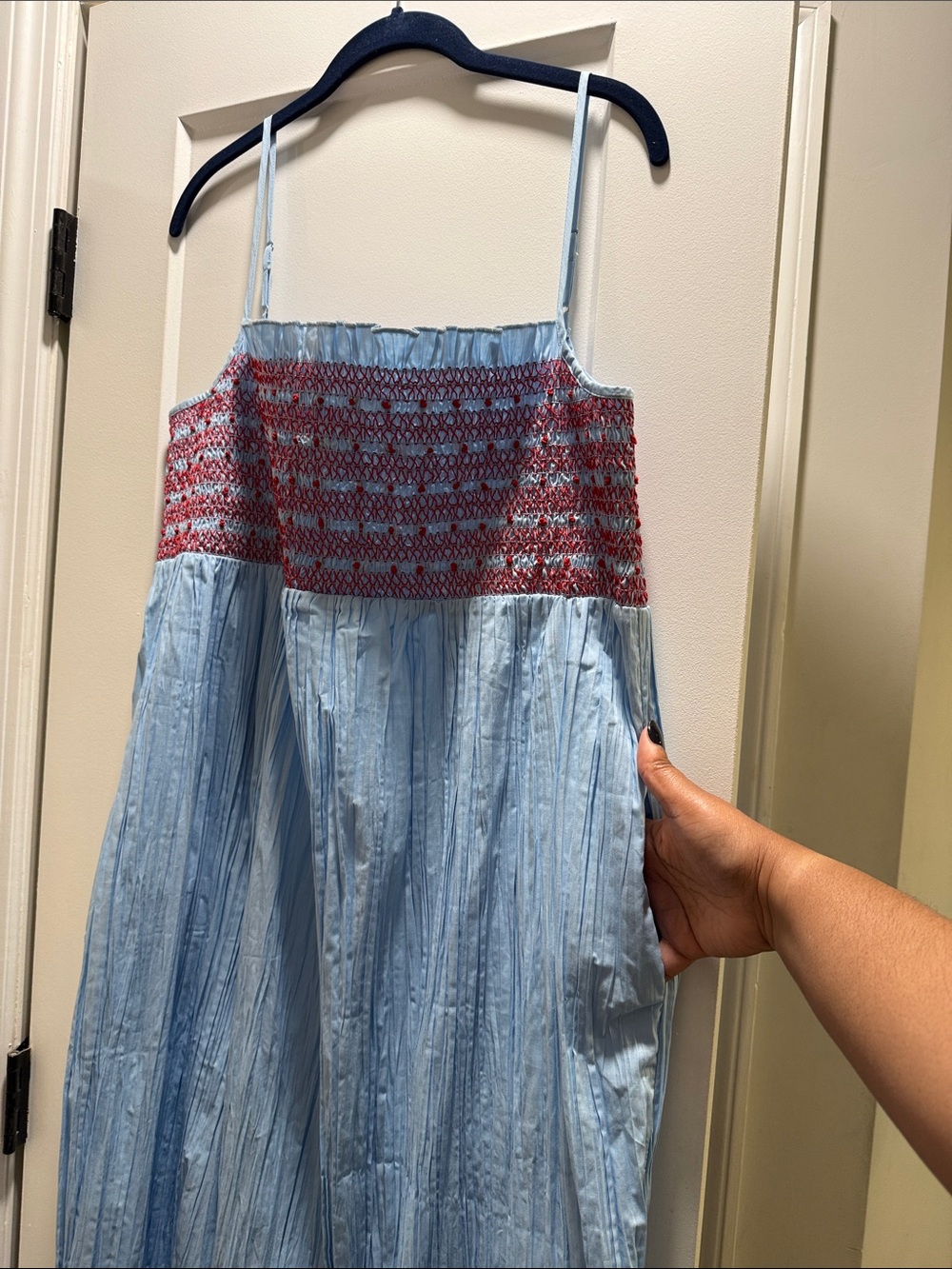 NWOT J. Crew Light Blue & Red Catania Crinkled Maxi Dress, size XL - Picture 3 of 7
